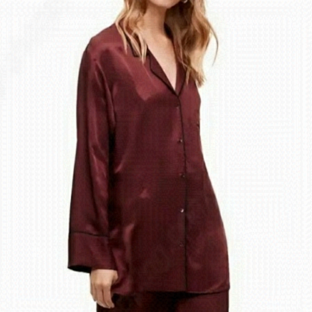 Wilfred Oversized Pajama Look Button Up Shirt "Satin" Like Fabric Oxblood Blouse